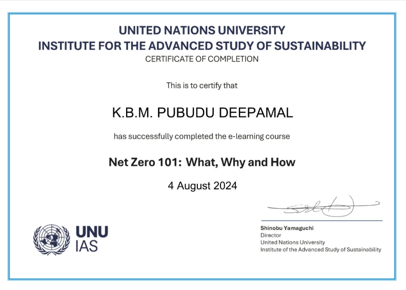 United Nations University - Net Zero 101: What, Why and How certificate